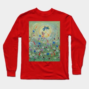 Dragonfly among flowers in a Sunlight Green Meadow Long Sleeve T-Shirt